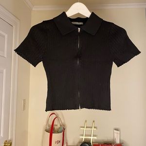 Zip Front Black Polo Short Sleeve Sweater women’s size Small